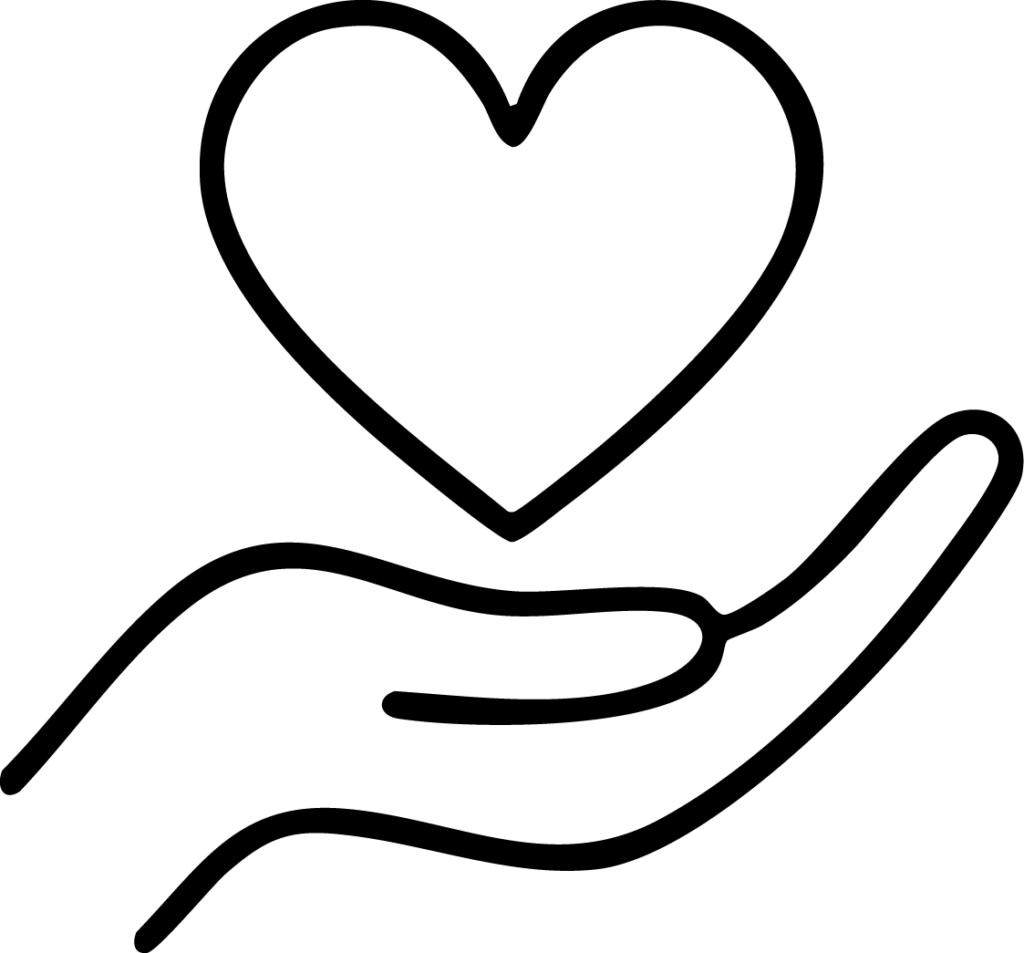 Black line icon of a heart floating above an open hand, symbolizing the compassionate, grounded beginning of Dr. Ashley’s Heart-Centered Exploration process.