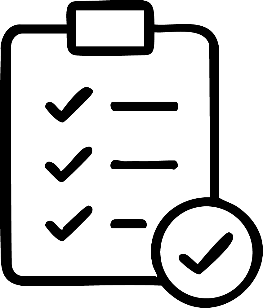 Black icon of a checklist clipboard with check marks, symbolizing personal readiness and intentional reflection in Dr. Ashley’s coaching process.