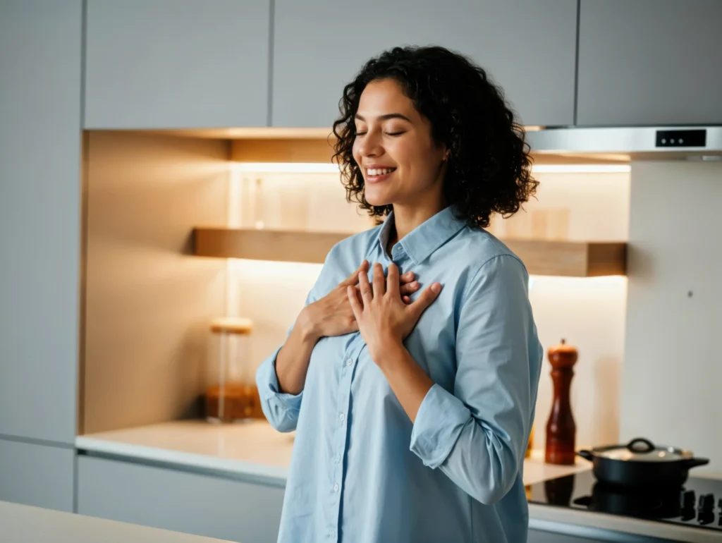 Smiling woman in blue shirt holding hands over heart in a modern kitchen, eyes closed in a moment of gratitude.
